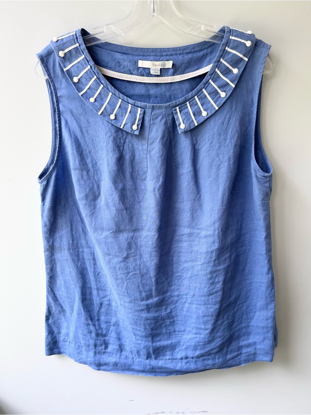 Boden Blue Sleeveless Linen Blend Top with (Marked 14, fits like a 10/12)